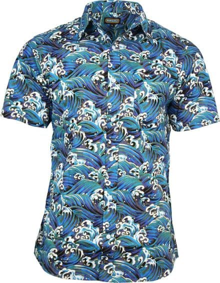 Run & Fly Mens Japanese Hokusai Wave Styled Printed Short Sleeve Shirt